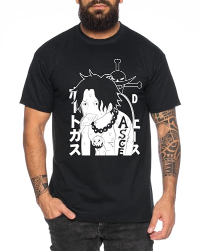 Ace Ice - Herren T-Shirt Straw Hat Luffy Zoro One Monkey D. Pirat Ace Piece Goku Anime Ruffy, Größe:M, Farbe:Schwarz von Tee Kiki