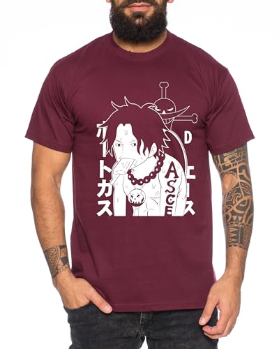 Ace Ice - Herren T-Shirt Straw Hat Luffy Zoro One Monkey D. Pirat Ace Piece Goku Anime Ruffy, Größe:XXL, Farbe:Weinrot von Tee Kiki