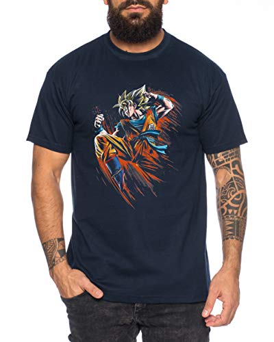 Angry Goku - Herren T-Shirt Son Ruffy Luffy Naruto Saitama One Dragon Master Goku Ball Vegeta Turtle Roshi Piece Golds Db, Farbe:Dunkelblau, Größe:L von Tee Kiki