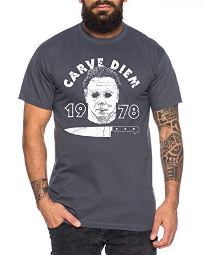 Carve Diem - Herren T-Shirt Halloween Michael Horror Myers Pennywise Man 13 Jason Voorhees Nightmare, Farbe:Dunkelgrau, Größe:XXL von Tee Kiki