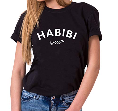 Habibi - Damen T-Shirt Rundhals - Sprüche Shirts - Trendy O-Neck - Spruch - Print - Kurzarm - Hipster - Frauen - Mädchen - Girls, Farbe:Schwarz, Größe:S von Tee Kiki