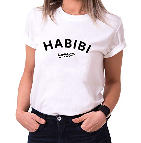 Habibi - Damen T-Shirt Rundhals - Sprüche Shirts - Trendy O-Neck - Spruch - Print - Kurzarm - Hipster - Frauen - Mädchen - Girls, Größe:S, Farbe:Weiß von Tee Kiki