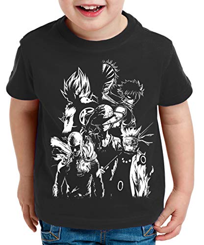 Heroes One Manga Helden Kinder T-Shirt Anime Piece, Kinder T-Shirt Größe:152-164 (12-14 Jahre), Kinder Farben:Schwarz von Tee Kiki