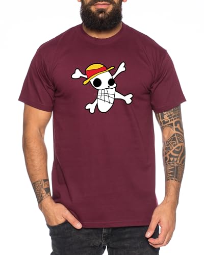 Logo verzerrt - Herren T-Shirt Straw Hat Luffy Zoro One Monkey D. Pirat Ace Piece Goku Anime Ruffy, Größe:3XL, Farbe:Weinrot von Tee Kiki