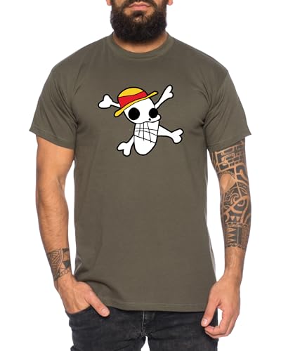 Logo verzerrt - Herren T-Shirt Straw Hat Luffy Zoro One Monkey D. Pirat Ace Piece Goku Anime Ruffy, Größe:L, Farbe:Khaki von Tee Kiki