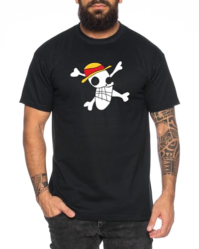 Logo verzerrt - Herren T-Shirt Straw Hat Luffy Zoro One Monkey D. Pirat Ace Piece Goku Anime Ruffy, Größe:L, Farbe:Schwarz von Tee Kiki