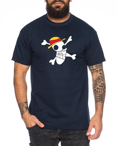 Logo verzerrt - Herren T-Shirt Straw Hat Luffy Zoro One Monkey D. Pirat Ace Piece Goku Anime Ruffy, Größe:XXL, Farbe:Dunkelblau von Tee Kiki