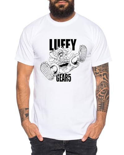 Luffy Gear5 - Herren T-Shirt Straw Hat Zoro One Monkey D. Pirat Ace Piece Goku Anime Ruffy, Größe:XL, Farbe:Weiß von Tee Kiki