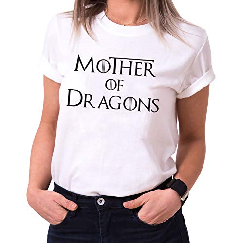 Mother of Dragons - T-Shirt Damen Targaryen Thrones Game of stark Lannister Baratheon Daenerys Khaleesi tv blu-ray DVD, Größe:M, Farbe:Weiß von Tee Kiki