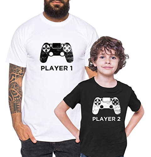 Player 1 2 - Partner - T-Shirt Vater Sohn Papa Kind Baby Strampler Body Partnerlook, Größe:56, T-Shirts:Baby Body Weiß von Tee Kiki