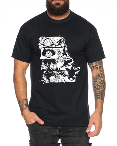 Ruffy Evolution Straw Hat Herren T-Shirt - Manga One Pirat Anime, Farbe:Schwarz, Größe:L von Tee Kiki