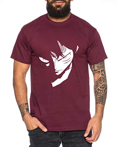 Ruffy Face Zorro One Manga Herren Ruffy T-Shirt Anime Piece, Größe:L, Farbe:Weinrot von Tee Kiki