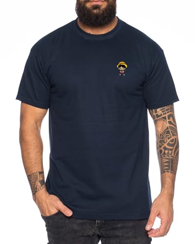 Ruffy Icon Straw Hat Besticktes Herren T-Shirt - Manga Stick Pirat Anime One, Farbe:Dunkelblau, Größe:L von Tee Kiki