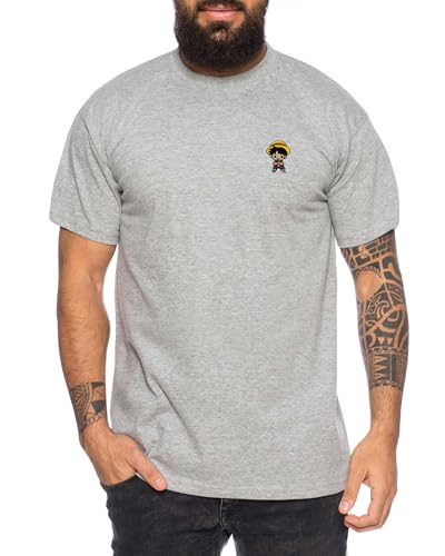 Ruffy Icon Straw Hat Besticktes Herren T-Shirt - Manga Stick Pirat Anime One, Farbe:Dunkelgrau Meliert, Größe:4XL von Tee Kiki