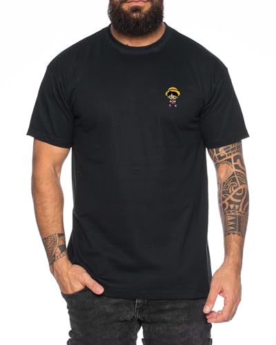 Ruffy Icon Straw Hat Besticktes Herren T-Shirt - Manga Stick Pirat Anime One, Farbe:Schwarz, Größe:M von Tee Kiki