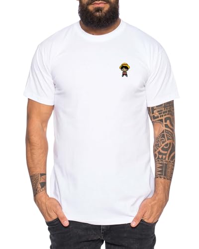 Ruffy Icon Straw Hat Besticktes Herren T-Shirt - Manga Stick Pirat Anime One, Farbe:Weiß, Größe:4XL von Tee Kiki