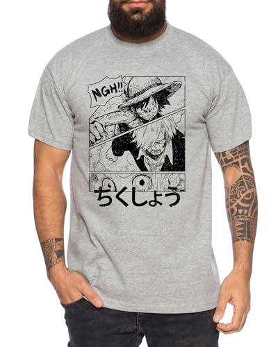 Ruffy NGH - Herren T-Shirt Straw Hat Luffy Zoro One Monkey D. Pirat Ace Piece Goku Anime Ruffy, Größe:3XL, Farbe:Grau Meliert von Tee Kiki