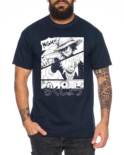 Ruffy NGH - Herren T-Shirt Straw Hat Luffy Zoro One Monkey D. Pirat Ace Piece Goku Anime Ruffy, Größe:4XL, Farbe:Dunkelblau von Tee Kiki