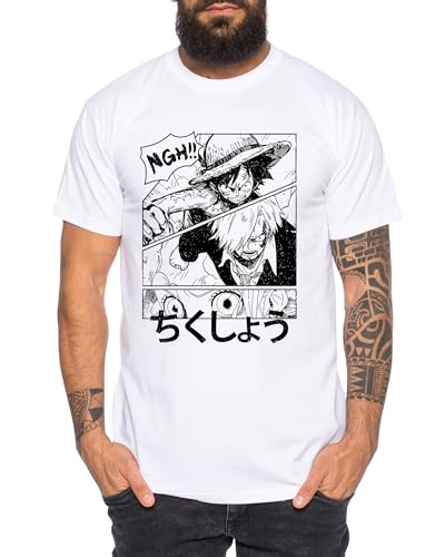 Ruffy NGH - Herren T-Shirt Straw Hat Luffy Zoro One Monkey D. Pirat Ace Piece Goku Anime Ruffy, Größe:S, Farbe:Weiß von Tee Kiki