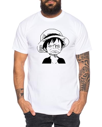 Ruffy Sad - Herren T-Shirt Straw Hat Luffy Zoro One Monkey D. Pirat Ace Piece Goku Anime Ruffy, Größe:3XL, Farbe:Weiß von Tee Kiki