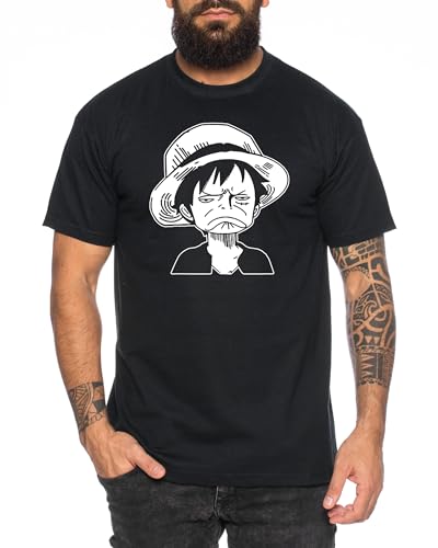 Ruffy Sad - Herren T-Shirt Straw Hat Luffy Zoro One Monkey D. Pirat Ace Piece Goku Anime Ruffy, Größe:L, Farbe:Schwarz von Tee Kiki