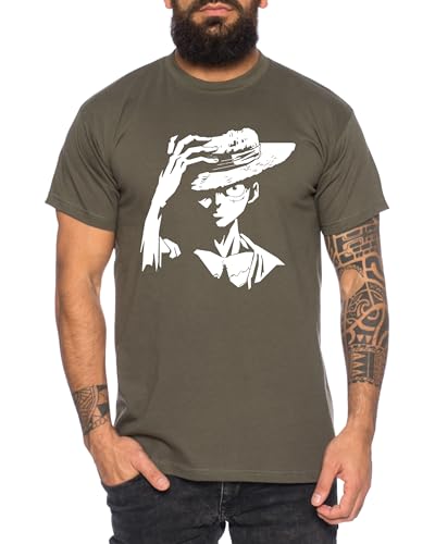 Ruffy Serious - Herren T-Shirt Straw Hat Luffy Zoro One Monkey D. Pirat Ace Piece Goku Anime Ruffy, Größe:XL, Farbe:Khaki von Tee Kiki