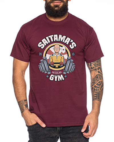 Saitama Gym - Herren T-Shirt Son Ruffy Luffy Saitama One Dragon Goku Ball Vegeta Punch Man Piece, Größe:M, Farbe:Weinrot von Tee Kiki