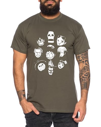 Team Face - Herren T-Shirt Straw Hat Luffy Zoro One Monkey D. Pirat Ace Piece Goku Anime Ruffy, Größe:L, Farbe:Khaki von Tee Kiki