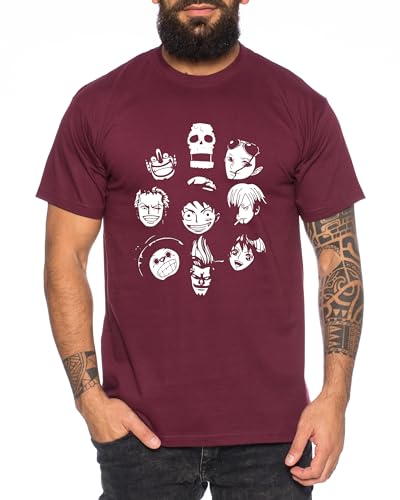 Team Face - Herren T-Shirt Straw Hat Luffy Zoro One Monkey D. Pirat Ace Piece Goku Anime Ruffy, Größe:S, Farbe:Weinrot von Tee Kiki