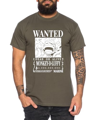 Wanted Luffy - Herren T-Shirt Straw Hat Luffy Zoro One Monkey D. Pirat Ace Piece Goku Anime Ruffy, Größe:3XL, Farbe:Khaki von Tee Kiki