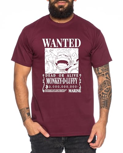 Wanted Luffy - Herren T-Shirt Straw Hat Luffy Zoro One Monkey D. Pirat Ace Piece Goku Anime Ruffy, Größe:L, Farbe:Weinrot von Tee Kiki