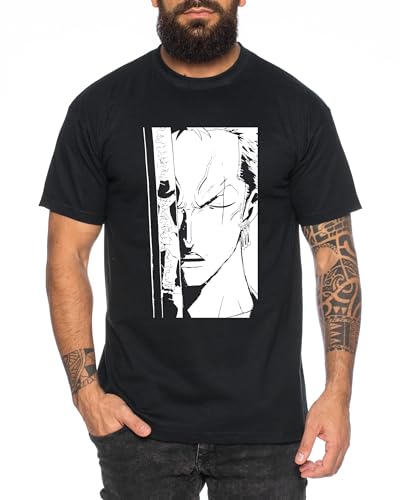 Zoro Close Eyes - Herren T-Shirt Straw Hat Luffy Zoro One Monkey D. Pirat Ace Piece Goku Anime Ruffy, Größe:M, Farbe:Schwarz von Tee Kiki