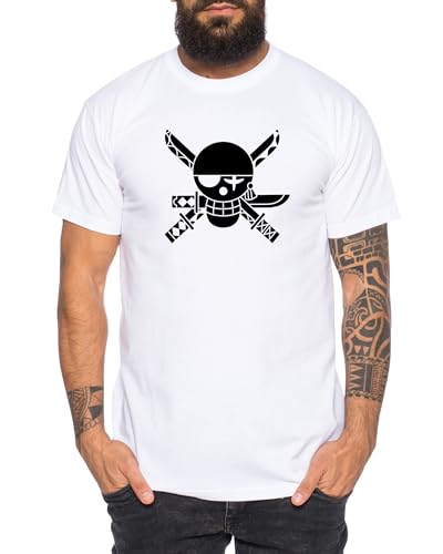 Zoro Logo - Herren T-Shirt Straw Hat Luffy Zoro One Monkey D. Pirat Ace Piece Goku Anime Ruffy, Größe:S, Farbe:Weiß von Tee Kiki