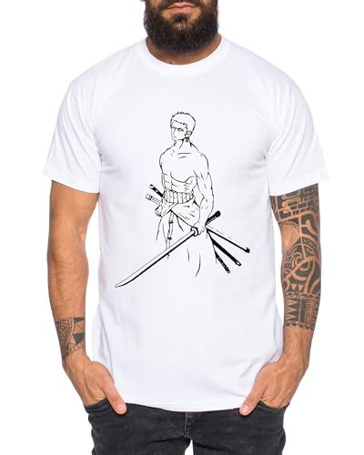 Zoro Stand - Herren T-Shirt Straw Hat Luffy Zoro One Monkey D. Pirat Ace Piece Goku Anime Ruffy, Größe:4XL, Farbe:Weiß von Tee Kiki