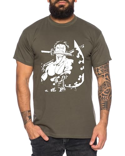 Zoro Sword - Herren T-Shirt Straw Hat Luffy Zoro One Monkey D. Pirat Ace Piece Goku Anime Ruffy, Größe:L, Farbe:Khaki von Tee Kiki