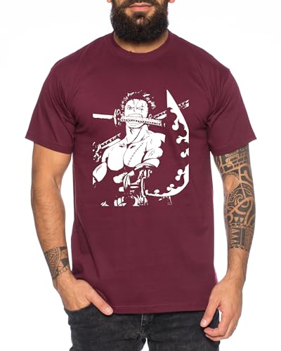 Zoro Sword - Herren T-Shirt Straw Hat Luffy Zoro One Monkey D. Pirat Ace Piece Goku Anime Ruffy, Größe:L, Farbe:Weinrot von Tee Kiki