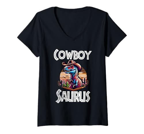 Damen Cowboy Saurus Lustiger Dinosaurier T-Shirt mit V-Ausschnitt von Tee-Rex Designs