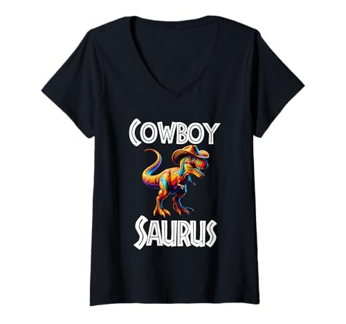 Damen Cowboy Saurus Lustiger Dinosaurier T-Shirt mit V-Ausschnitt von Tee-Rex Designs