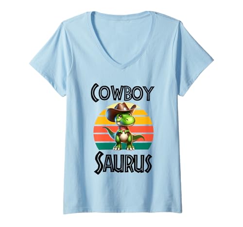 Damen Cowboy Saurus Lustiger Dinosaurier T-Shirt mit V-Ausschnitt von Tee-Rex Designs