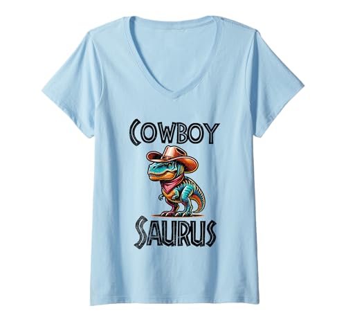 Damen Cowboy Saurus Lustiger Dinosaurier T-Shirt mit V-Ausschnitt von Tee-Rex Designs