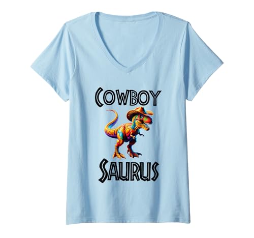 Damen Cowboy Saurus Lustiger Dinosaurier T-Shirt mit V-Ausschnitt von Tee-Rex Designs