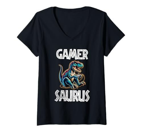 Damen Gamer Saurus Lustiger Dinosaurier T-Shirt mit V-Ausschnitt von Tee-Rex Designs