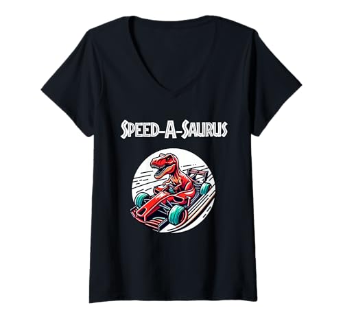 Damen Speed-a-Saurus Racing Dino T-Shirt mit V-Ausschnitt von Tee-Rex Designs