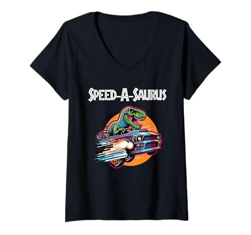 Damen Speed-a-Saurus Racing Dino T-Shirt mit V-Ausschnitt von Tee-Rex Designs