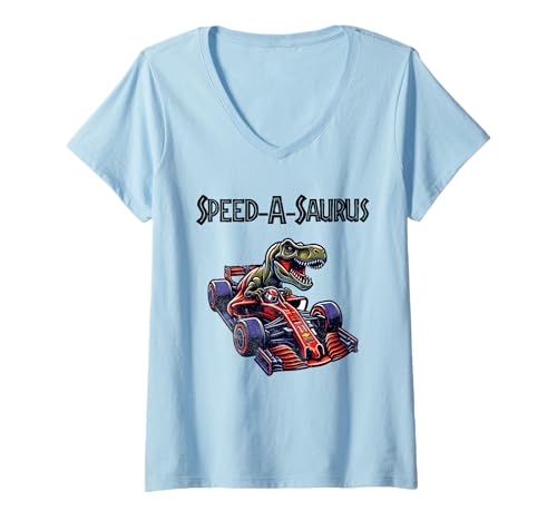 Damen Speed-a-Saurus Racing Dino T-Shirt mit V-Ausschnitt von Tee-Rex Designs
