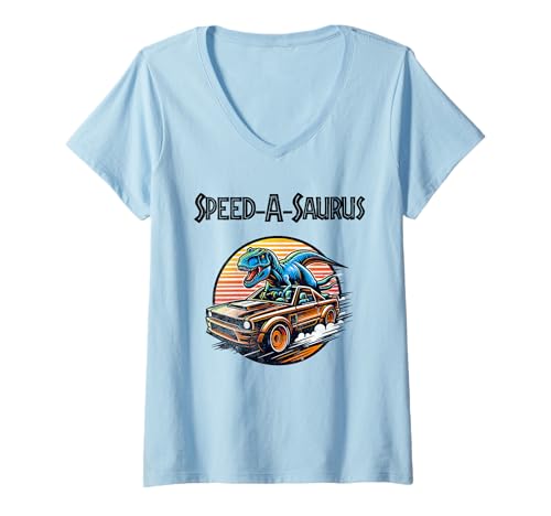 Damen Speed-a-Saurus Racing Dino T-Shirt mit V-Ausschnitt von Tee-Rex Designs