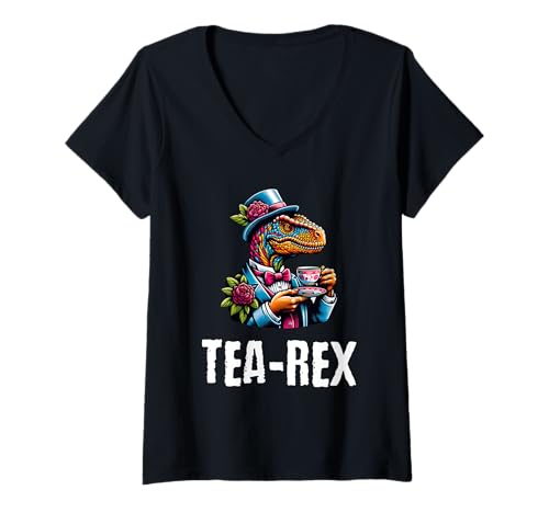 Damen Tea Rex Dinosaurier Lustiger Teeliebhaber T-Shirt mit V-Ausschnitt Damen Tea Rex Dinosaurier Lustiger Teeliebhaber T-Shirt mit V-Ausschnitt von Tee-Rex Designs