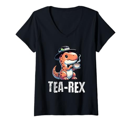 Damen Tea Rex Dinosaurier Lustiger Teeliebhaber T-Shirt mit V-Ausschnitt Damen Tea Rex Dinosaurier Lustiger Teeliebhaber T-Shirt mit V-Ausschnitt von Tee-Rex Designs