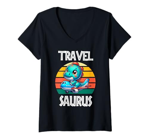 Damen Travel Saurus Lustiger T-Rex T-Shirt mit V-Ausschnitt Damen Travel Saurus Lustiger T-Rex T-Shirt mit V-Ausschnitt von Tee Rex Designs