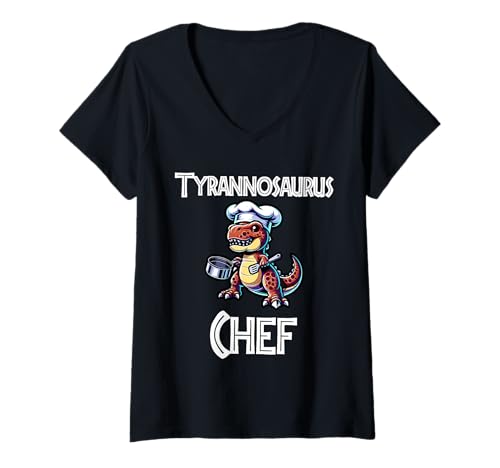 Damen Tyrannosaurus Chef Kochen Dino T-Shirt mit V-Ausschnitt von Tee-Rex Designs